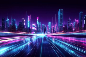 Fototapeta premium Cityscape illustration shows futuristic urban skyline with neon lights and trails on a road with vivid colors