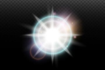 Light flash effect with flares and glow on a transparent background. Magical glow, shining light, star, optical flares for design, photomontage, New Year, and festive projects.