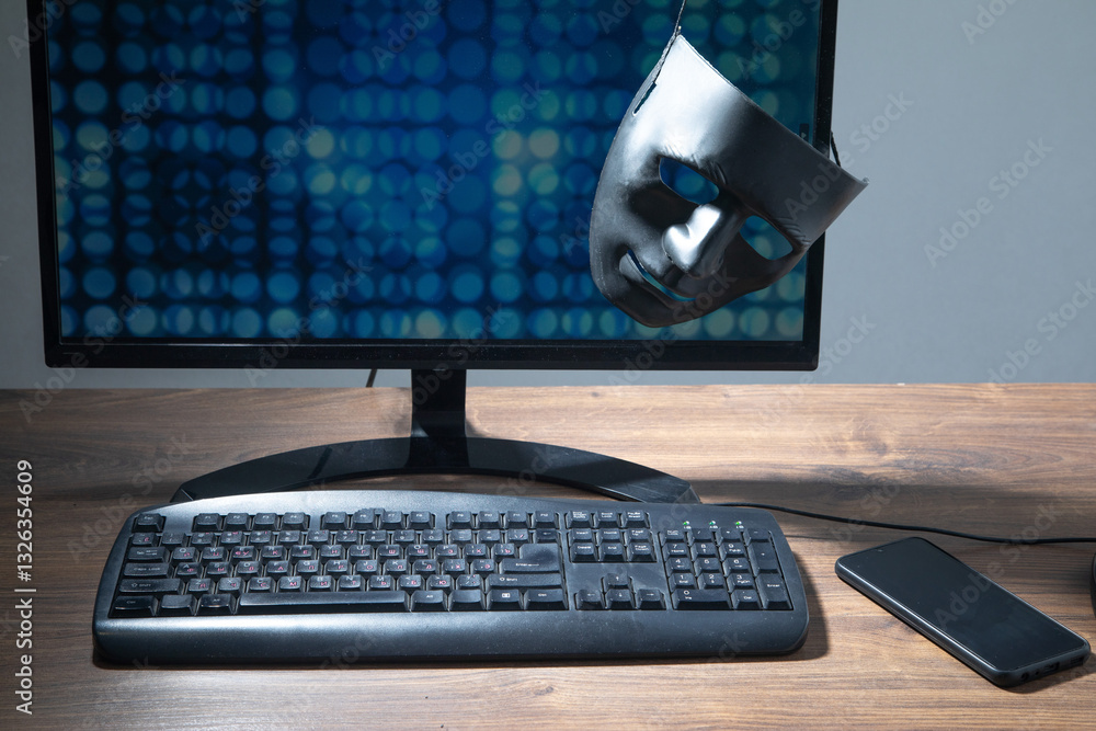Poster black mask and computer on the table.