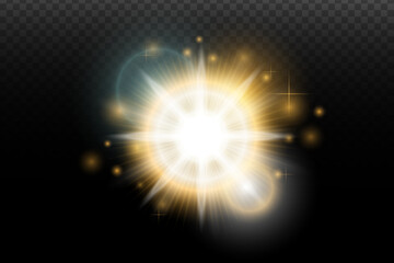 Light flash effect with flares and glow on a transparent background. Magical glow, shining light, star, optical flares for design, photomontage, New Year, and festive projects.