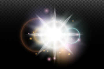 Light flash effect with flares and glow on a transparent background. Magical glow, shining light, star, optical flares for design, photomontage, New Year, and festive projects.