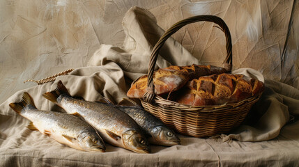 Obraz premium loaves of bread and fish in rustic basket