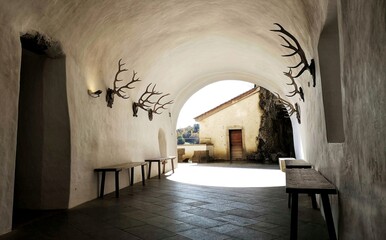 Hallway with antlers in Predjama Castle