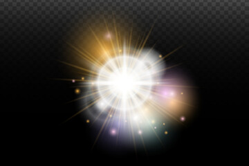 Light flash effect with flares and glow on a transparent background. Magical glow, shining light, star, optical flares for design, photomontage, New Year, and festive projects.