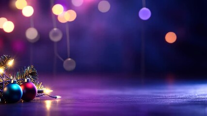 Festive Christmas decorations on a dark surface with bokeh lights - Powered by Adobe