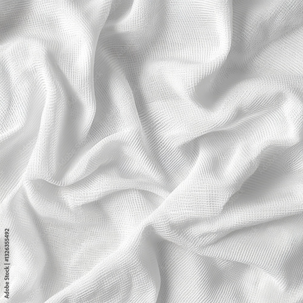 Poster white textured gauze fabric draping and folding, a soft background image for textiles and fashion de
