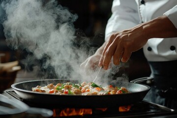 A chef plating a gourmet dish in a high-end restaurant kitchen, steam rising from the food