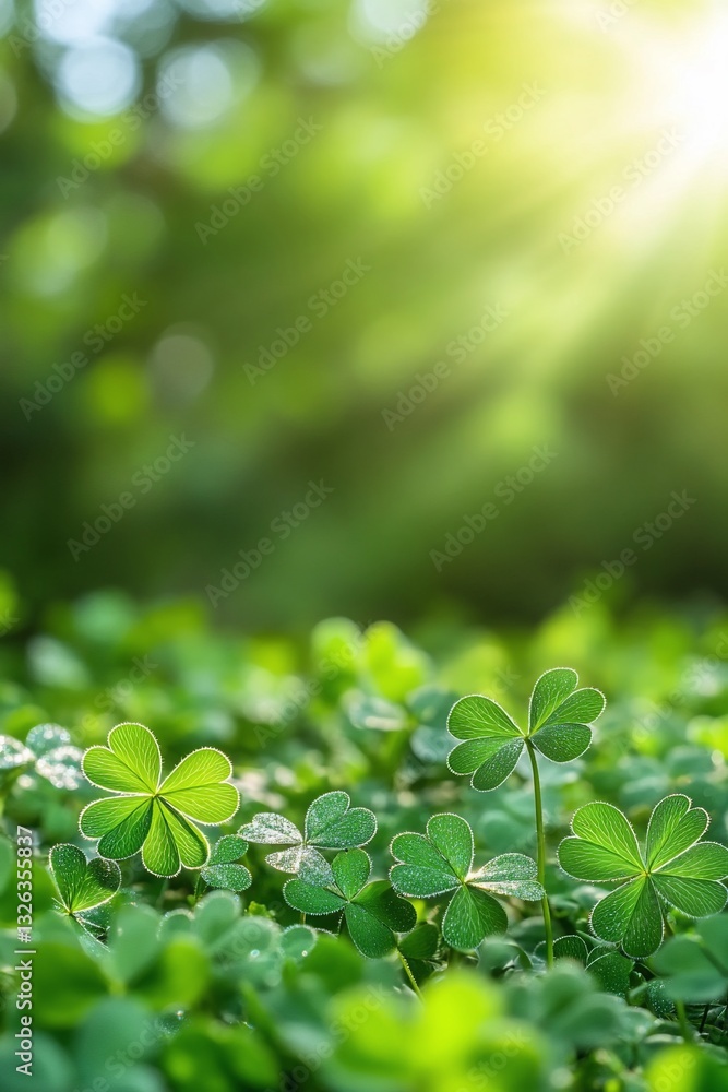 Aufkleber sunlit clover patch in spring forest background