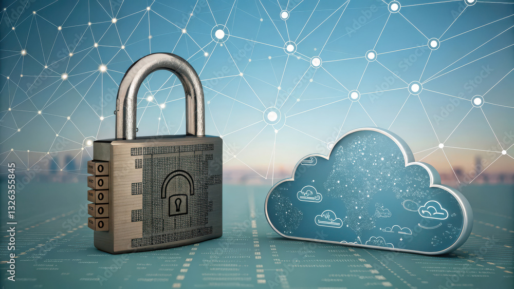 Poster digital padlock symbolizes data security, protecting cloud storage with interconnected networks. thi