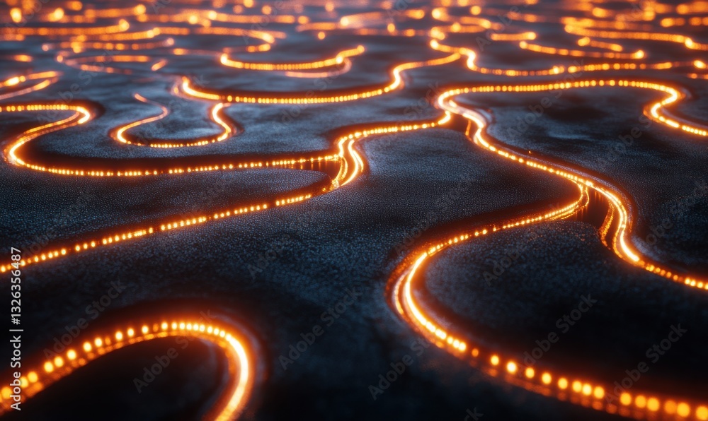 Poster glowing lines flow across dark surface, abstract tech background