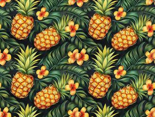 Fototapeta premium A lively vibes tropical pattern forest featuring pineapple and hibiscus. Seamless pattern