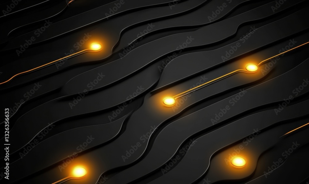 Poster glowing lines on black waves abstract background for tech design