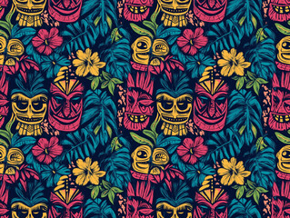 A vibrant tiki pattern bursts with tropical energy.