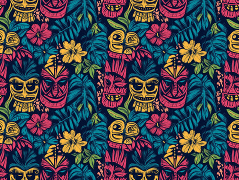 Fototapeta A vibrant tiki pattern bursts with tropical energy.