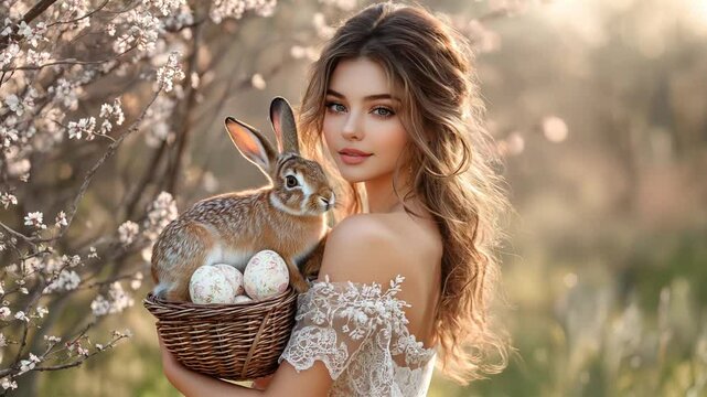 Enchanting Spring Portrait of a Beautiful Woman with Green Eyes, a White Bunny, and Easter Eggs in a Blooming Meadow &ndash; Fantasy Art and Nature Aesthetic