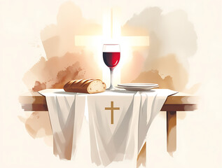 Eucharistic Symbols ; Bread, Wine, and the Bible on a Sacred Table
