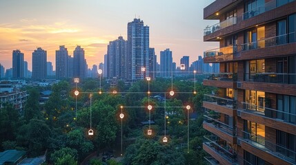 Smart city security system with network connection at sunset.