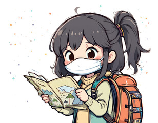 Anime Girl Wearing Mask Reading Map with Backpack Adventure
