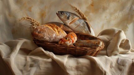 loaves of bread and fish in rustic basket