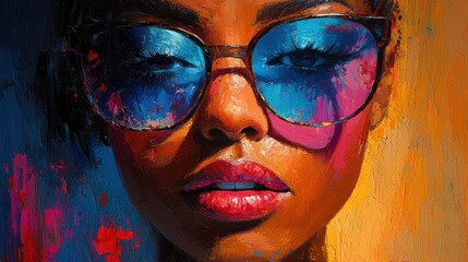 Close-up portrait of a woman wearing sunglasses, vibrant colors.