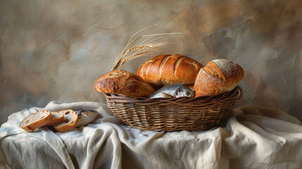 loaves of bread and fish in rustic basket