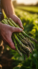 Harvesting fresh asparagus in vibrant green field, farm to table