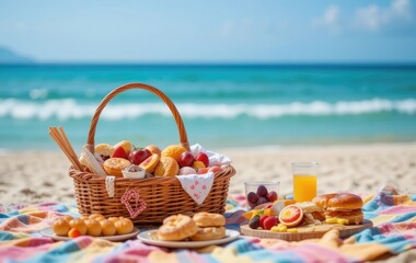 Beach Picnic with Basket of Treats and Ocean View Backdrop