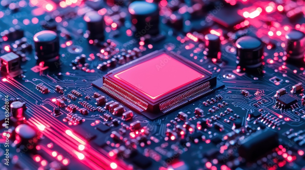 Poster close-up view of circuit board with processor and vibrant colors