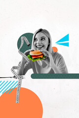 Sketch composite 3D photo collage trend artwork of young lady eat hand hold burger meal dinner culinary calories feeding ruler diet fork
