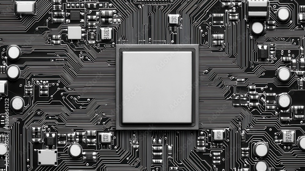 Poster close-up view of modern processor on circuit board background