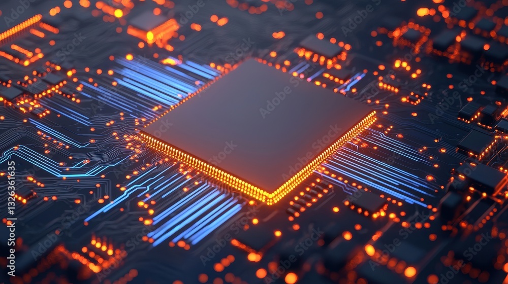 Poster Abstract Circuit Board with Processor and Glowing Lines of Energy