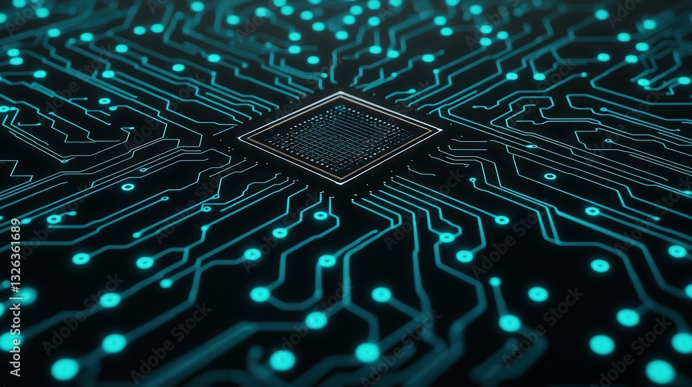 Poster abstract circuit board design with microchip and neon lights