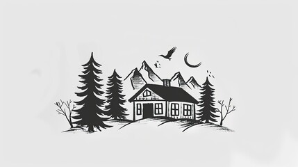 Obraz premium A simple ink painting of a cabin in the woods, with mountains and trees in the background, set against a white background