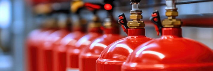 A series of red fire extinguishers are organized on a shelf, showcasing their importance for fire safety and emergency preparedness in a facility, ready for use at any time