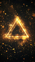 A glowing golden triangle is at the center, radiating light with a mystical shimmer against a black background filled with sparkles. This captivating scene evokes wonder and curiosity