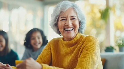 "Grandma's Laughter: A heartwarming portrait of an elderly woman, with silver hair and a radiant smile, sharing a joyful moment with her grandchildren, radiating happiness and familial love."