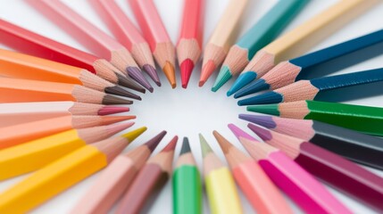 Vibrant colored pencils arranged in a circular pattern, forming a symmetrical and artistic composition. A top-down view showcasing multicolor drawing tools with sharp tips.
