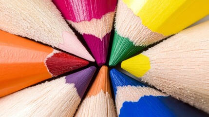 Vibrant colored pencils arranged in a circular pattern, forming a symmetrical and artistic composition. A top-down view showcasing multicolor drawing tools with sharp tips.