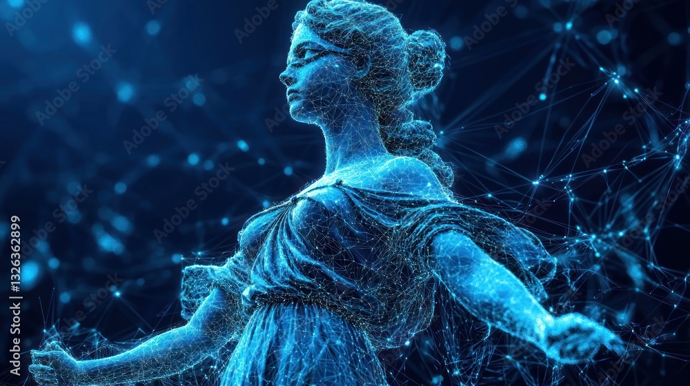 Aufkleber digital rendering of a classical statue, glowing blue, surrounded by network connections.