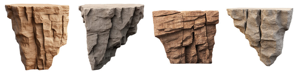 Isolated cliff edges with rugged textures on transparency background