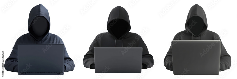 Poster three hooded figures using laptops, isolated on transparency background