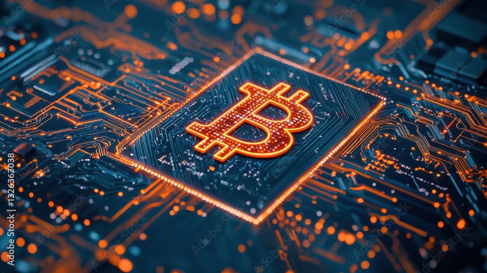 Aufkleber digital bitcoin symbol surrounded by advanced circuitry design