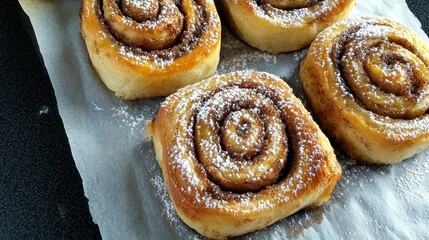 Cinnamon Swirls: Freshly baked cinnamon rolls arranged on parchment paper, dusted with powdered sugar, offering a tempting close-up of a classic pastry.