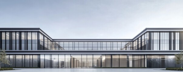 Fototapeta premium Modern architectural office building with glass windows reflecting the sky
