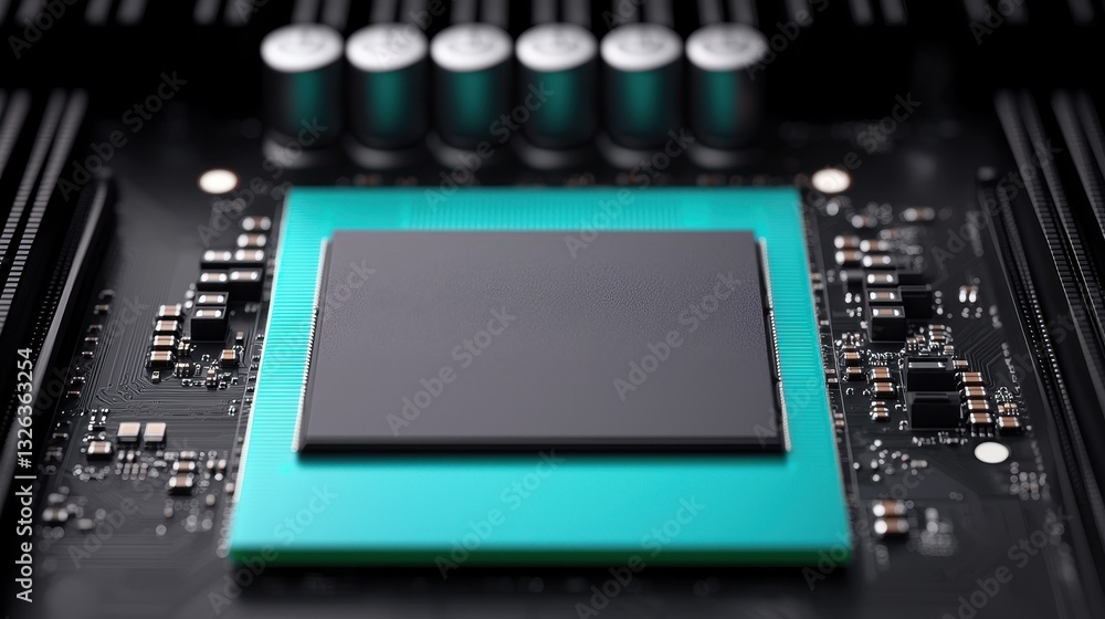 Poster close-up of a modern microprocessor on a circuit board in detail