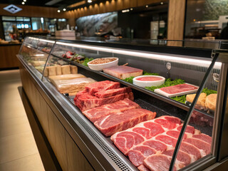 A modern display case full of meat