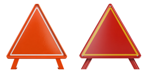 Two triangular warning signs with red and orange colors on transparency background