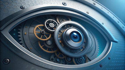 mechanical eye with intricate gears and rotating lenses, showcasing advanced technology and design. blend of metal and blue tones creates futuristic aesthetic