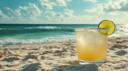 Classic Margarita cocktail with salted rim and lime wedge on a sandy beach table overlooking a turquoise sea, radiating summer beach vibes