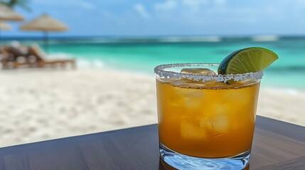 Classic Margarita cocktail with salted rim and lime wedge on a sandy beach table overlooking a turquoise sea, radiating summer beach vibes